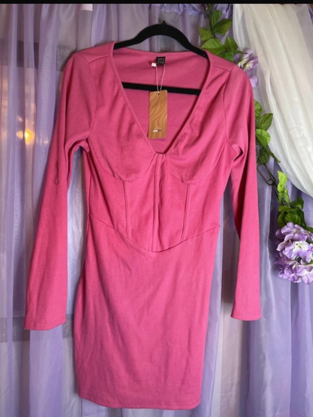 SHEIN Pink Long-Sleeve V-Neck Bodycon Dress
